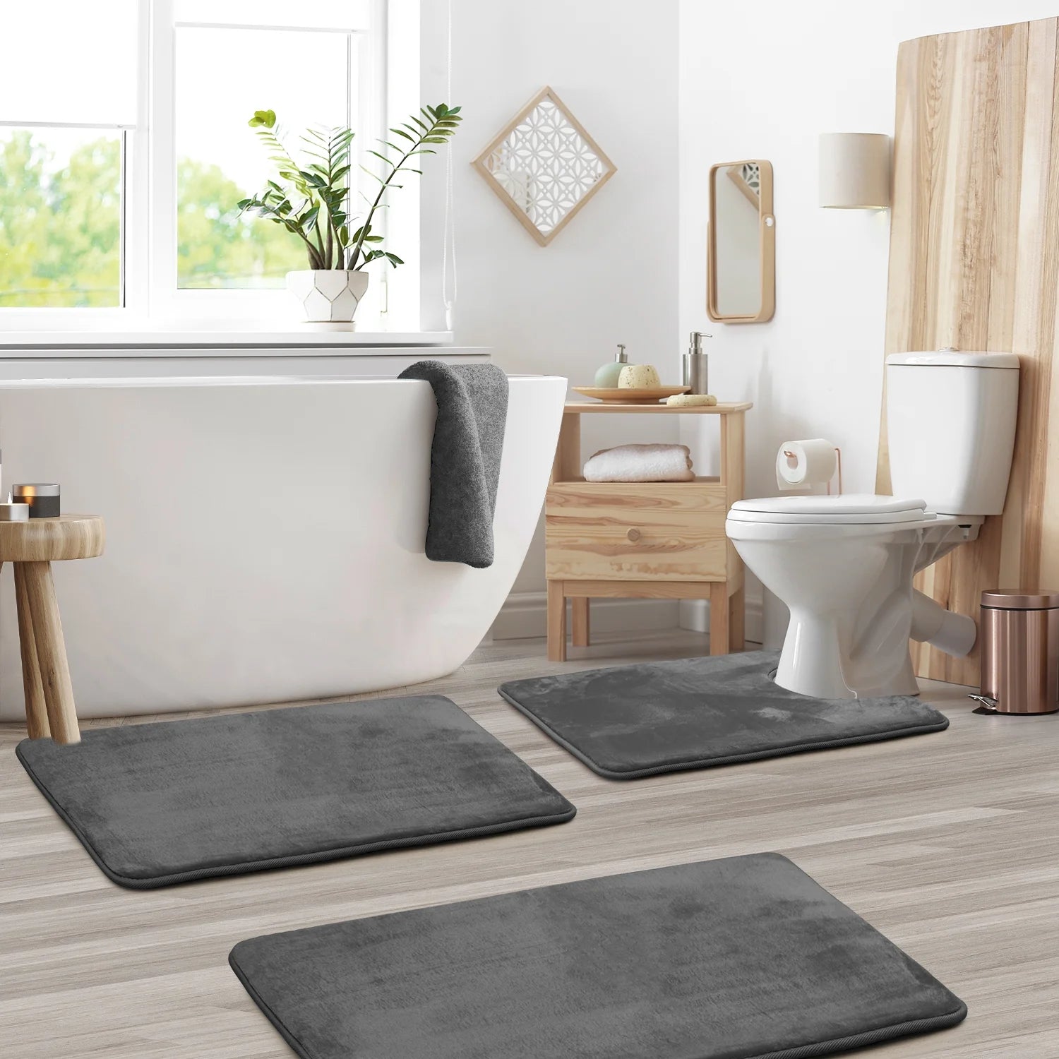Nestl Set of 3 Absorbent Memory Foam Bath Mat Bathroom Rugs, Gray, Large 20"X32", Small 17"X24", Contour 24"X20"