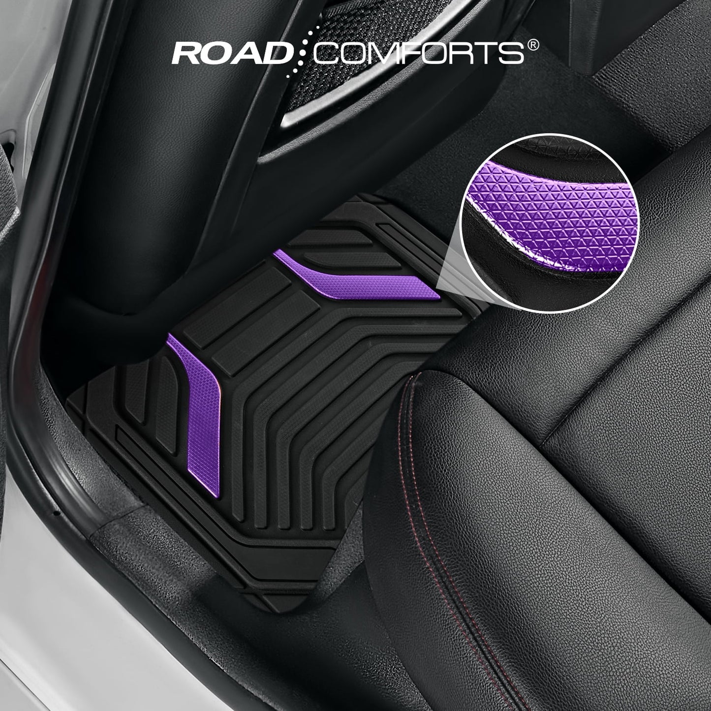 Road Comforts Heavy-Duty Rubber Floor Mats with Purple Aluminum Film - Complete Set for Front and Rear Vehicles