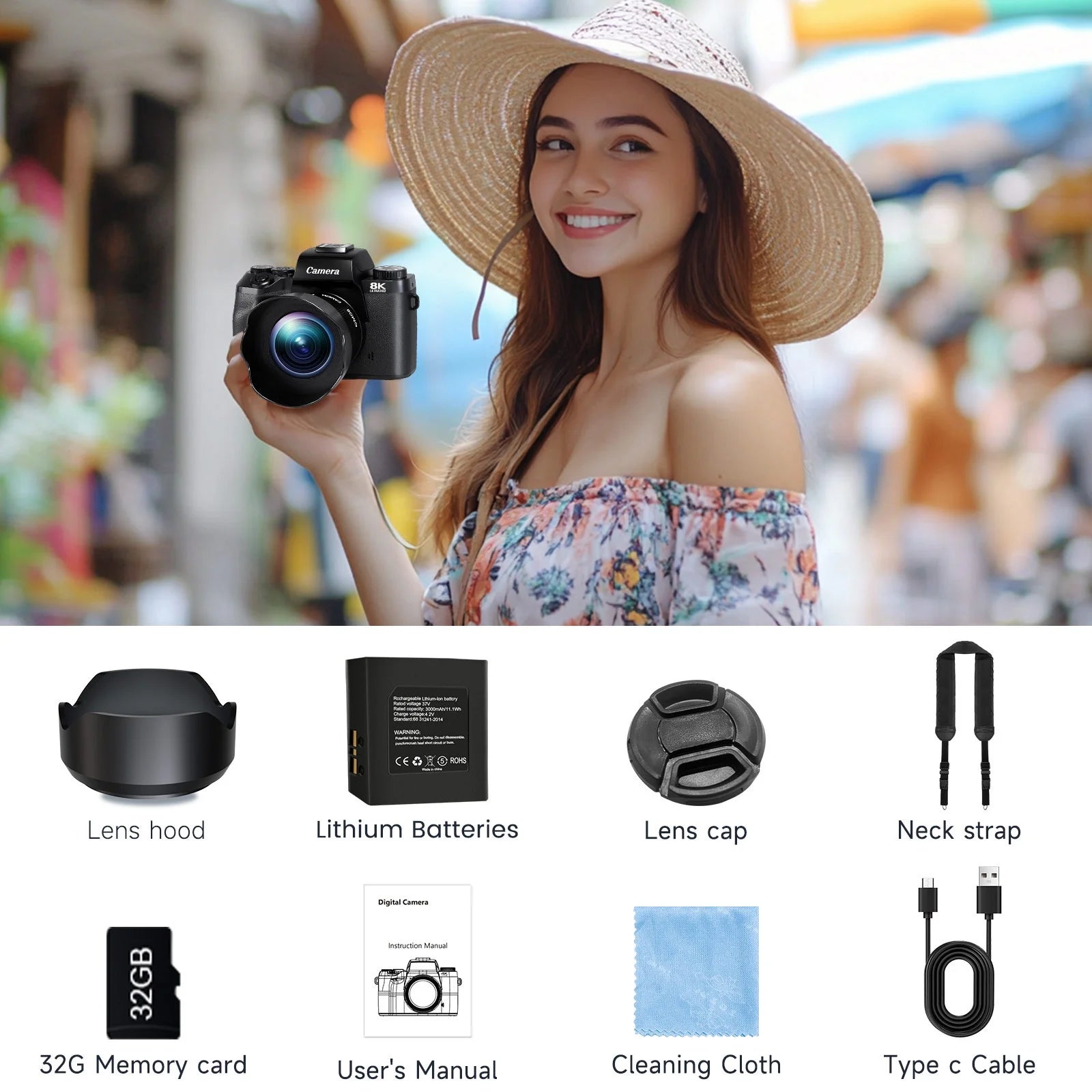 8K Digital Camera for Photography and Vlogging with Dual-Lens, 16X Digital Zoom, WiFi Touchscreen, 3000mAh Battery, and 32GB TF Card