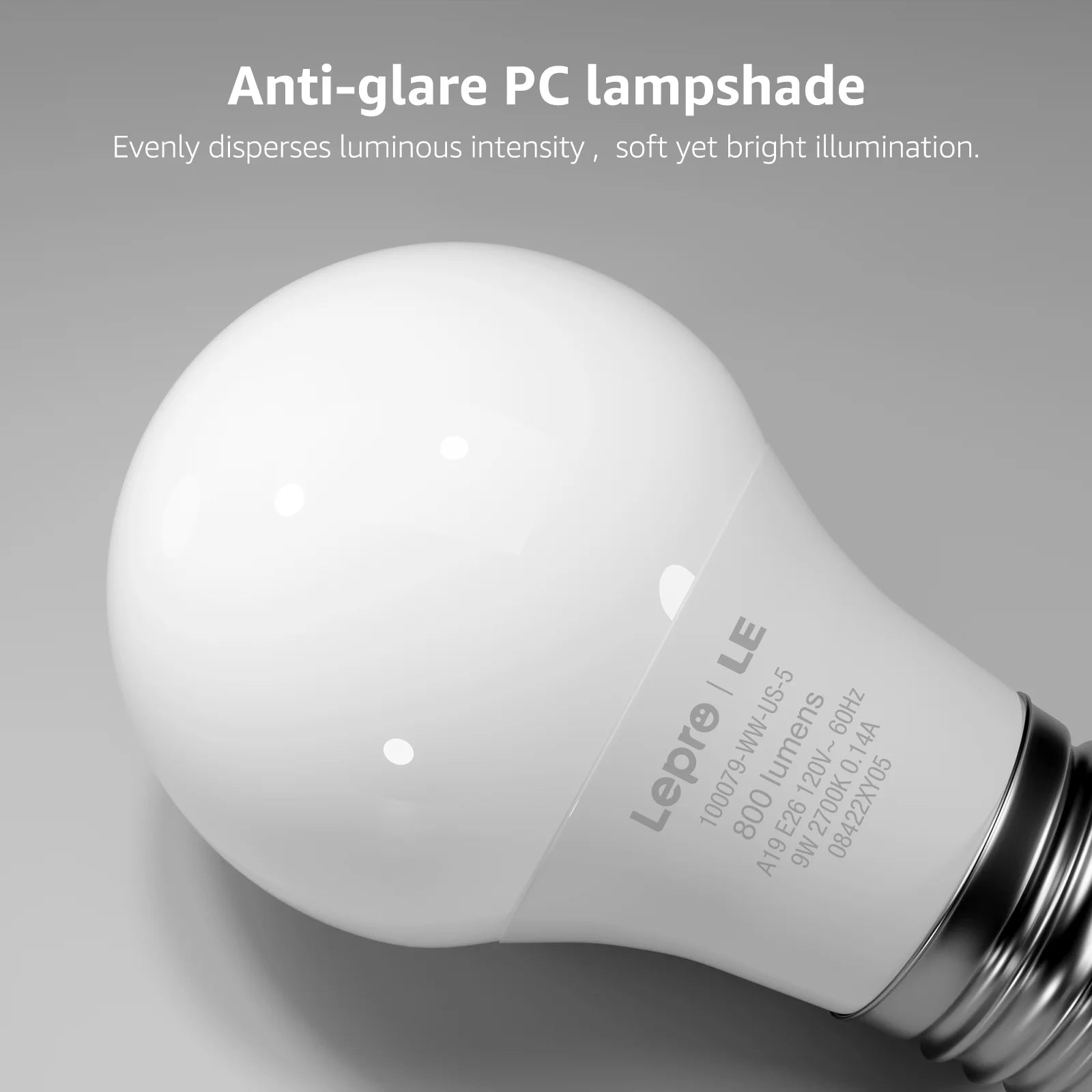 Lepro LED Light Bulbs 60 Watt Eqv Annual save $6.12 Per, Soft White 2700K, 9W 800 Lumens Non-Dimmable, A19 E26 Standard Medium Base, 10000 Hour Lifetime 5 Count