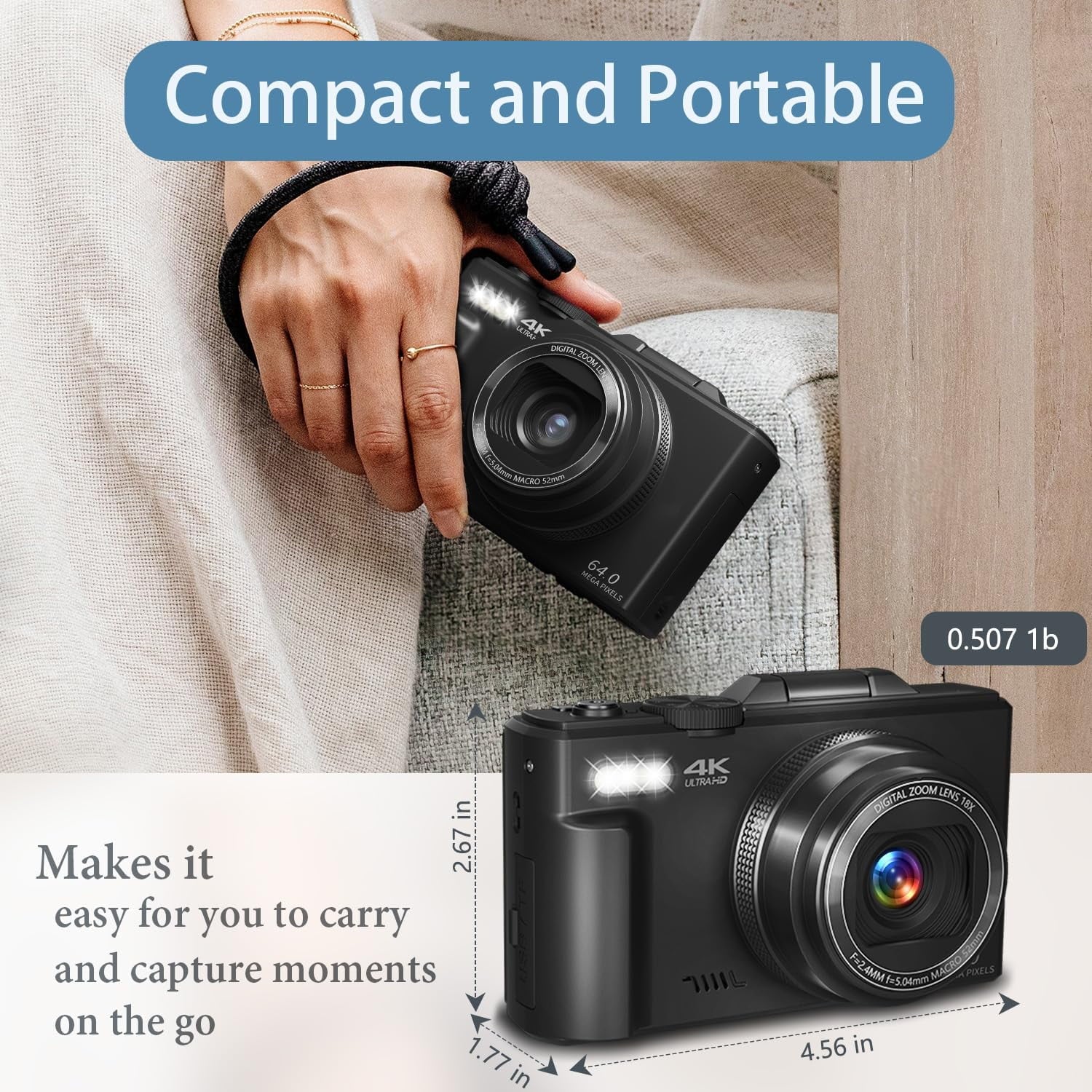 4K 64MP Digital Vlogging Camera with 3'' 180° Flip Screen, 18X Zoom, Autofocus, and 32GB SD Card - Ideal for Beginners on YouTube