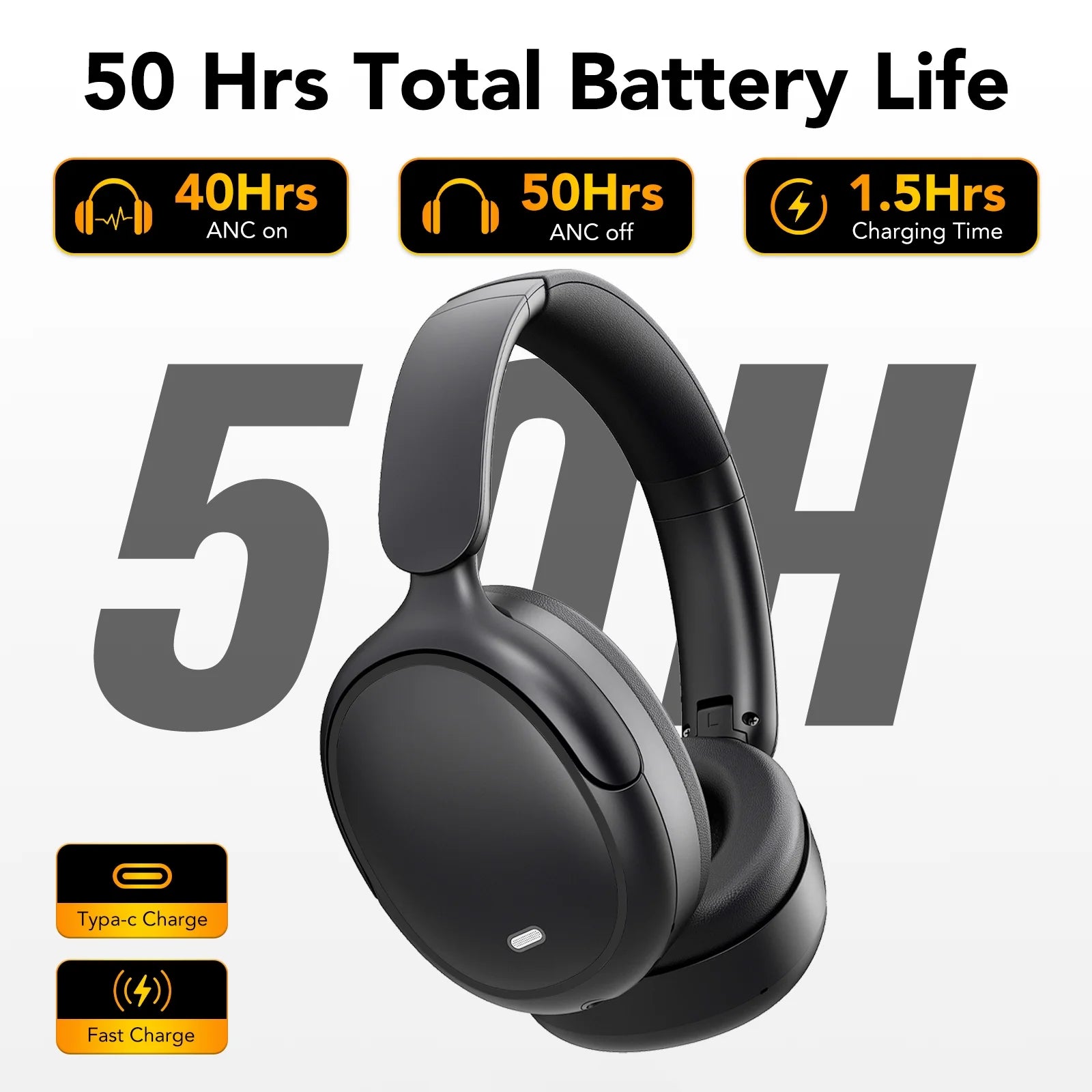 Hybrid Active Noise Cancelling Bluetooth Headphones with 50 Hours Playtime, Enhanced Call Clarity with 4 Microphones, Bass Boosted Sound, Comfortable Over-Ear Design for Travel and Home Office - Black