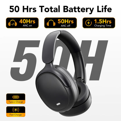 Hybrid Active Noise Cancelling Bluetooth Headphones with 50 Hours Playtime, Enhanced Call Clarity with 4 Microphones, Bass Boosted Sound, Comfortable Over-Ear Design for Travel and Home Office - Black