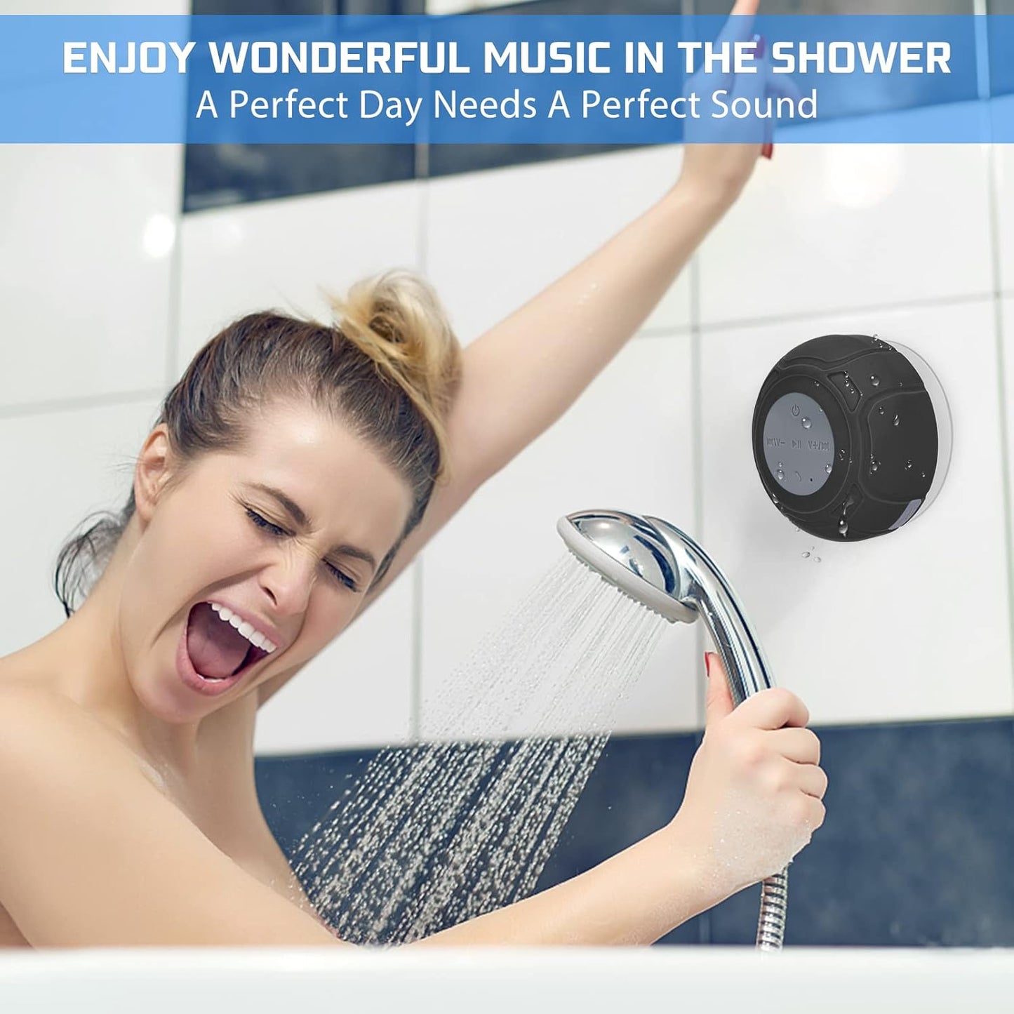 Waterproof Bluetooth Shower Speaker - Portable Wireless Water-Resistant Speaker with Suction Cup and Built-In Microphone, Ideal Gift for Kids, Compatible with iPhone, Tablets, and Suitable for Bathroom and Kitchen Use - Black