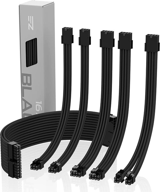 EZDIY-FAB PSU Cable Extension Kit Sleeved Cable Custom Power Supply Sleeved Extension 16 AWG 24-PIN 8-PIN 6-PIN 4+4-PIN with Combs- Black