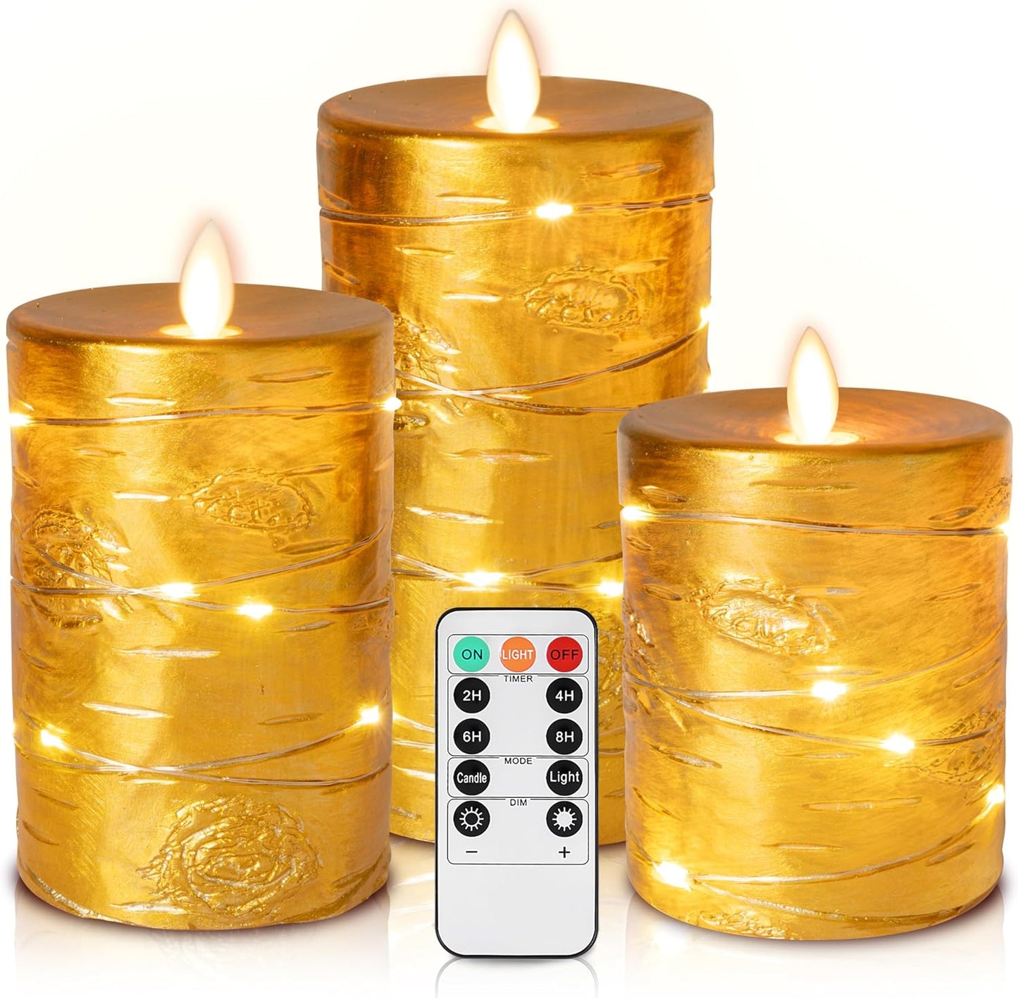 Flameless LED Candles with String Lights, Battery Operated, Flickering Effect, Remote Control and Timer, Real Wax, Set of 3 - Ivory