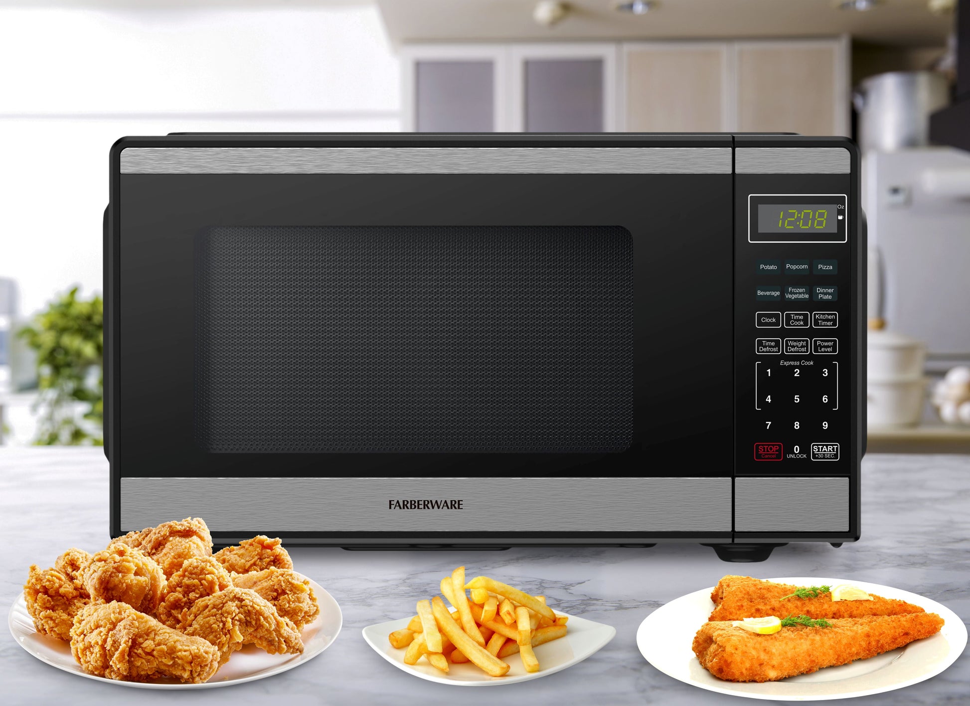 0.9 Cu. Ft. Black and Stainless Steel Countertop Microwave with 900W Power, Child Lock, Defrost, and Auto Cook Menu Options