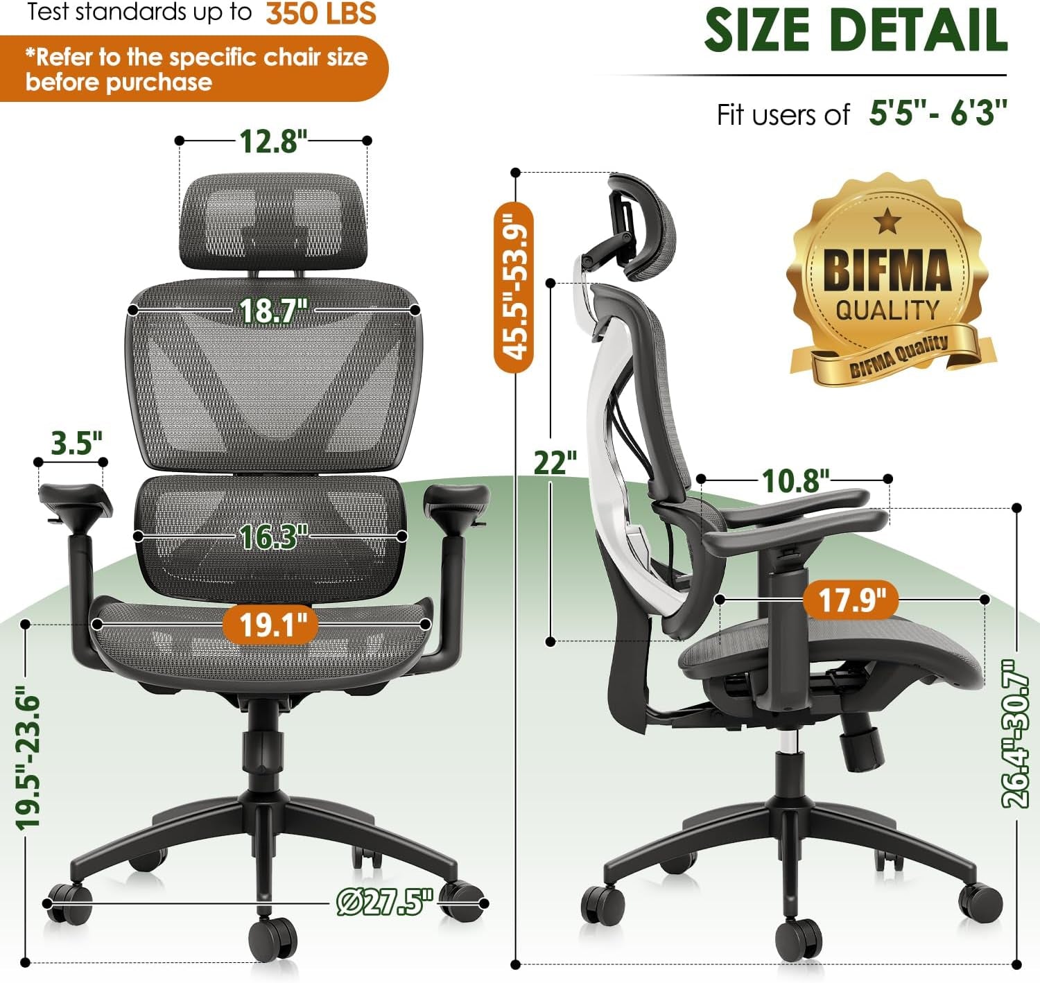 GABRYLLY Ergonomic Office Chair for Big and Tall, Mesh Design with Lumbar Support, 3D Adjustable Armrests, 215° Rotation, Adjustable Headrest, and Comfortable Seat, Supports Up to 350 lbs, Ideal for Work and Gaming - Grey