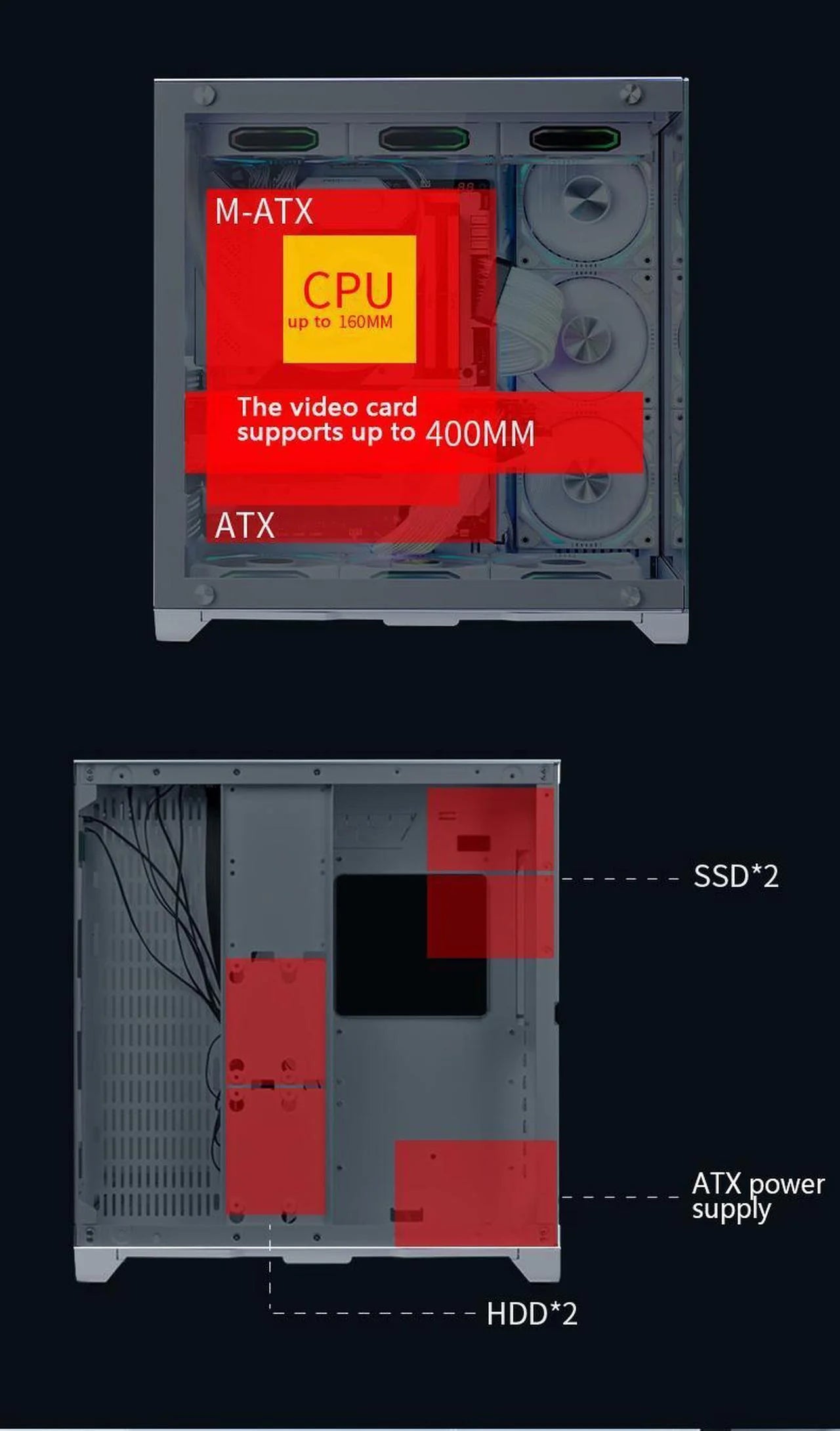WJCOOLMAN Lonely Warrior PRO Black Computer Case Panoramic Version 2 Sides Transparent Glass Gaming Chassis Support 10 Fan Positions 360 AIO Support ATX/M-ATX Gming Case High-Airflow Design
