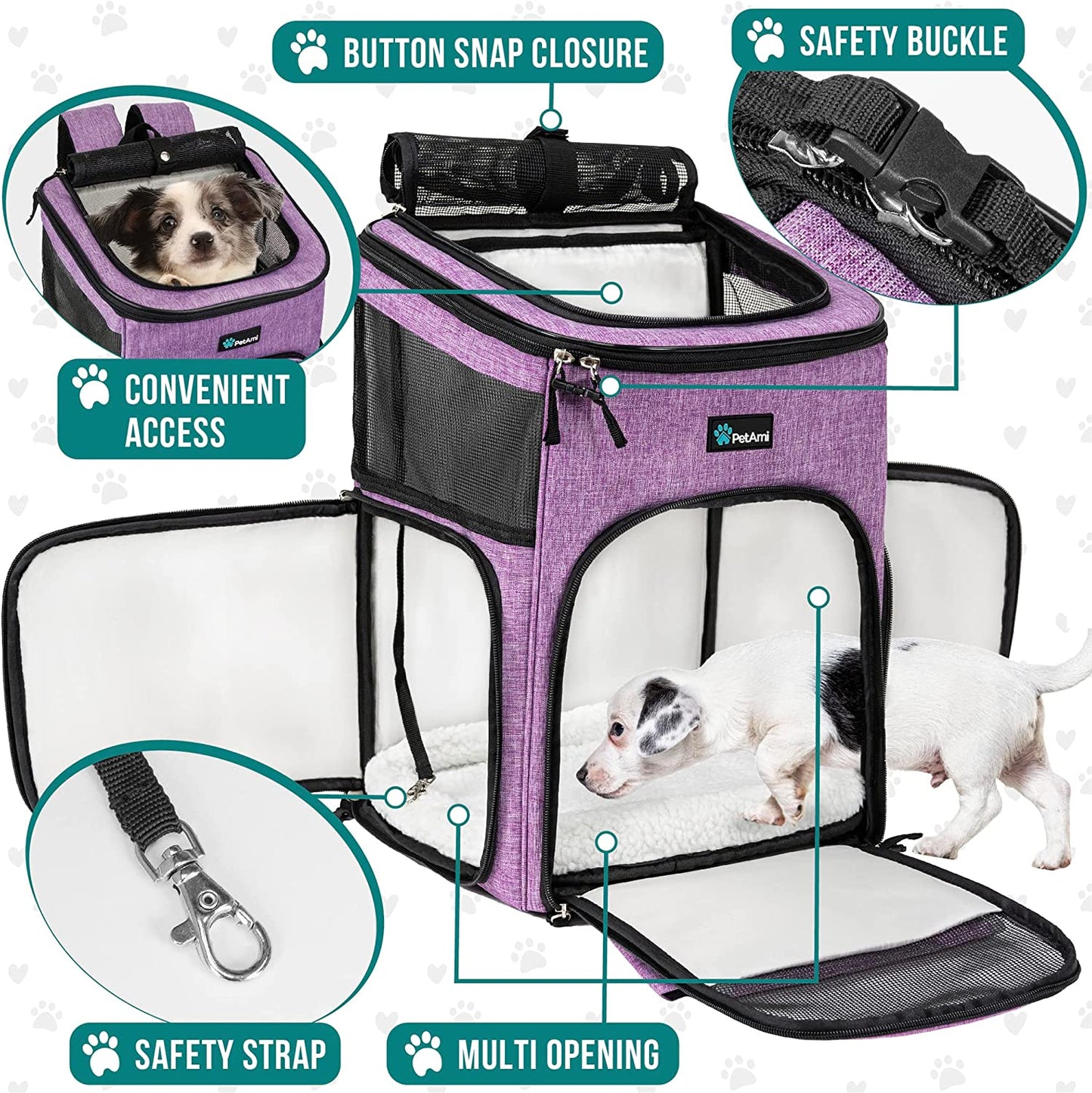 Petami Airline-Approved Dog and Cat Backpack Carrier, Soft-Sided and Ventilated for Travel, Hiking, and Camping, Supports Pets Up to 18 lbs, Purple