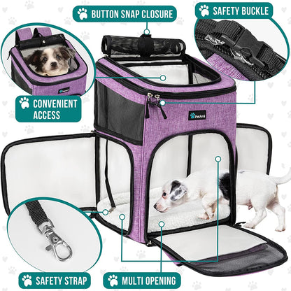 Petami Airline-Approved Dog and Cat Backpack Carrier, Soft-Sided and Ventilated for Travel, Hiking, and Camping, Supports Pets Up to 18 lbs, Purple