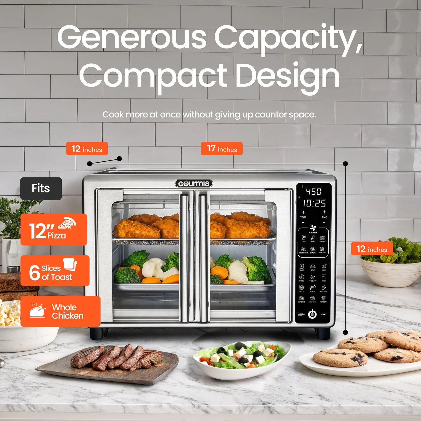 6-Slice Digital French Door Toaster Oven Air Fryer with 19 One-Touch Presets, 24L Capacity, Stainless Steel Finish