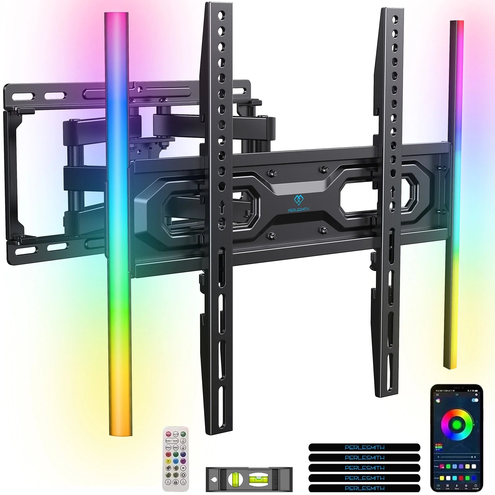 PERLESMITH Full Motion TV Wall Mount for 32-65″ Tvs up to 88Lbs. Features RGB/LED Lights, Swivel, Tilt, Leveling, Extension, VESA Compatible 100X100-400X400Mm, Fits 12&16 on Center Wood Stud Widths