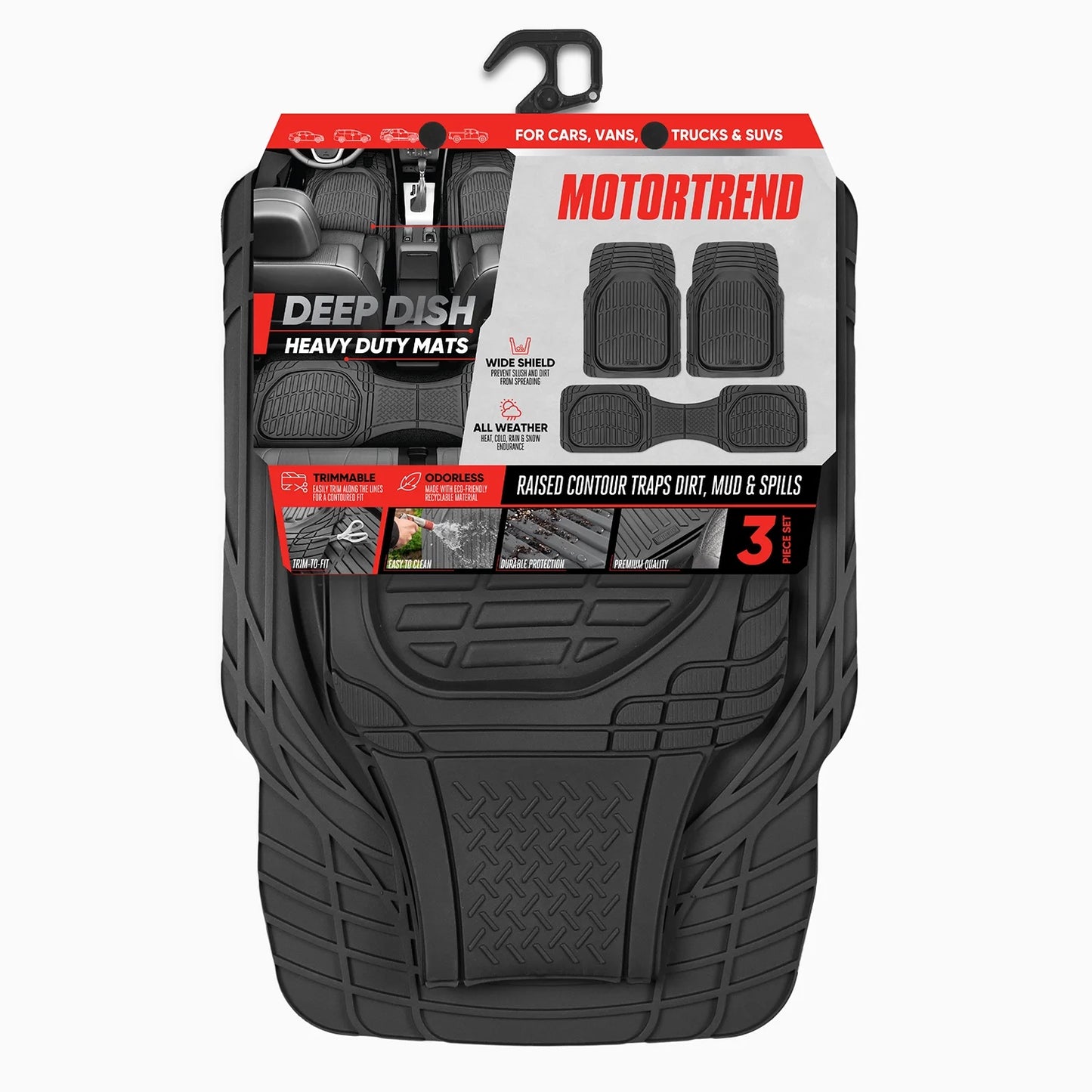 Motortrend 3-Piece Deep Dish Rubber Floor Mat for Chevrolet, Ford, Dodge, GMC, Honda, Hyundai, Jeep, Kia, Nissan, Toyota, and Volkswagen Vehicles