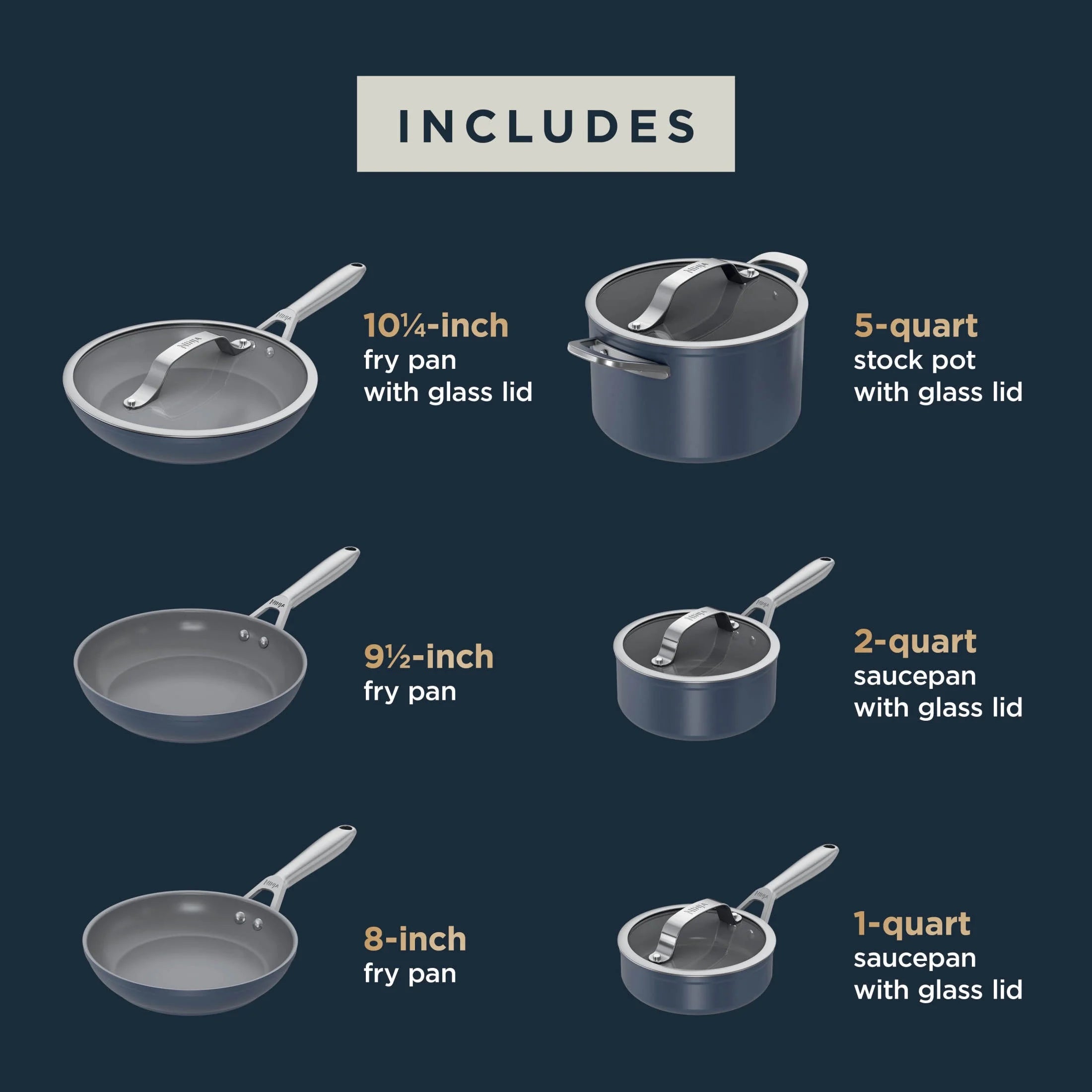 Ninja Ceramic Pro 10-Piece Cookware Set, Aluminum and Stainless Steel, Non-Stick Set, Glass Lids, Stove to 550F Oven Safe, Dishwasher Safe, Midnight Blue, CW38000