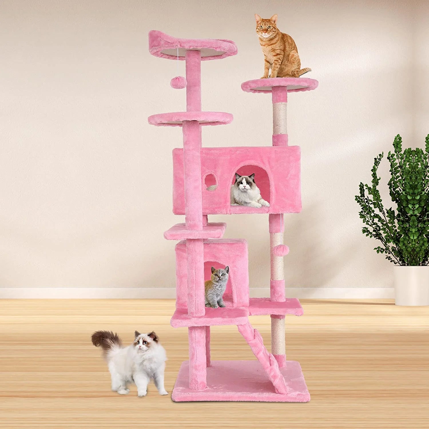 54In Kitten Activity House with Cat Scratching Posts Stand House Cat Condo with Funny Toys Pink