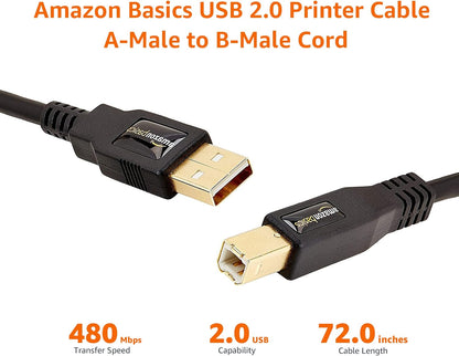 Amazon Basics USB-A to USB-B 2.0 Cable for Printer or External Hard Drive, Computer Compatible, Gold-Plated Connectors, Black, 6 Foot