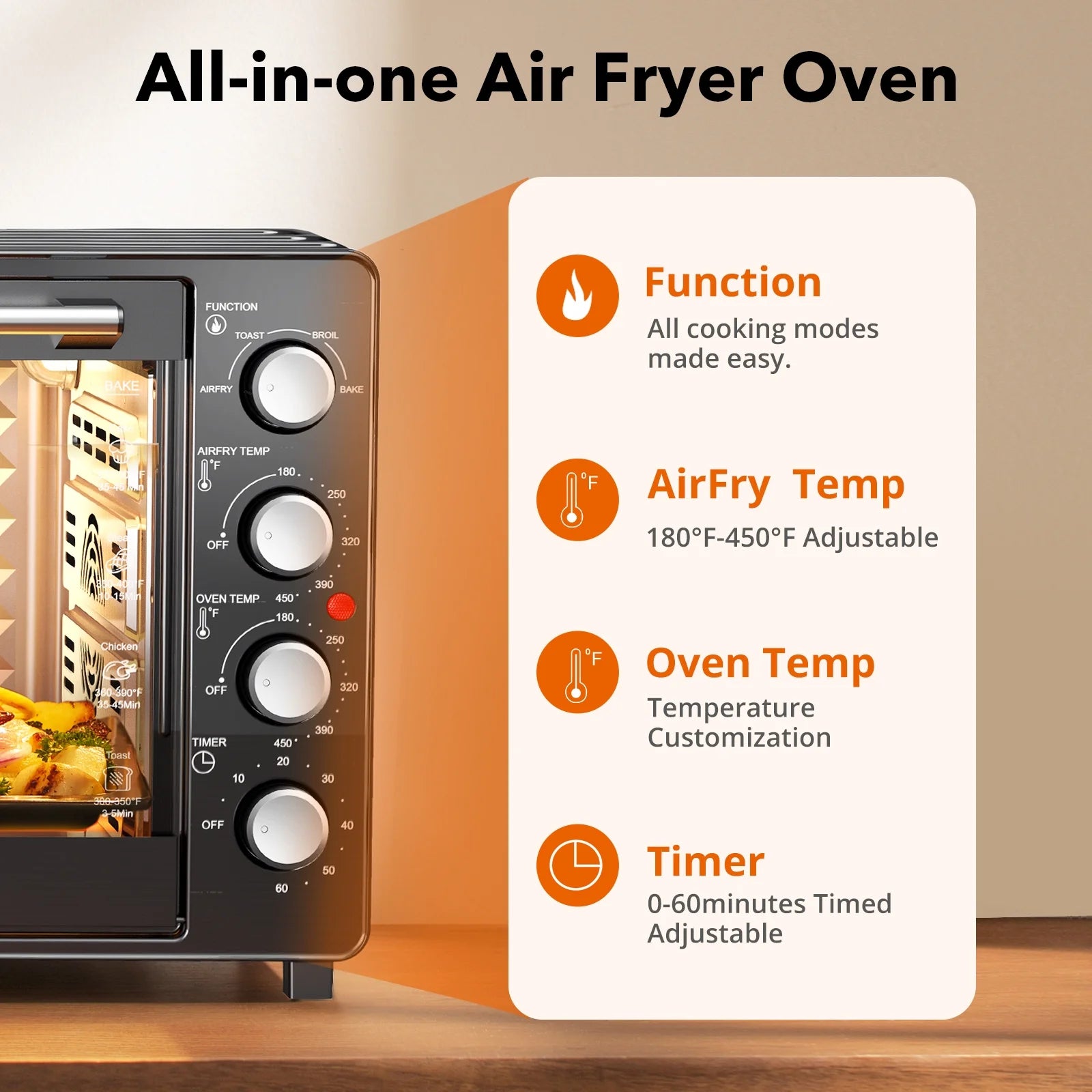 34 QT Extra-Large Oil-Free Air Fryer Toaster Oven Combo with 5 Functions: Pizza, Warm, Broil, Toast, Bake - Black