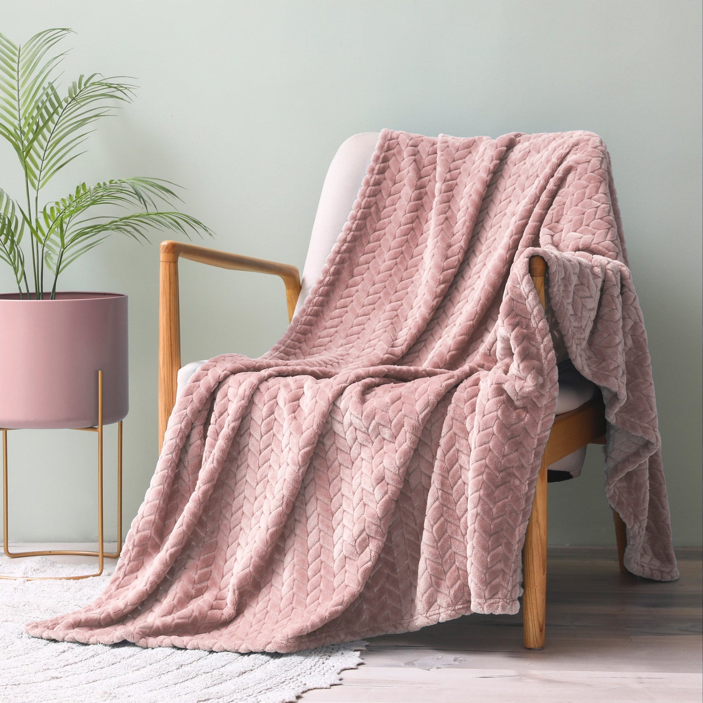 Large Jacquard Weave Flannel Fleece Throw Blanket with Leaves Pattern (50" x 70", Pink)