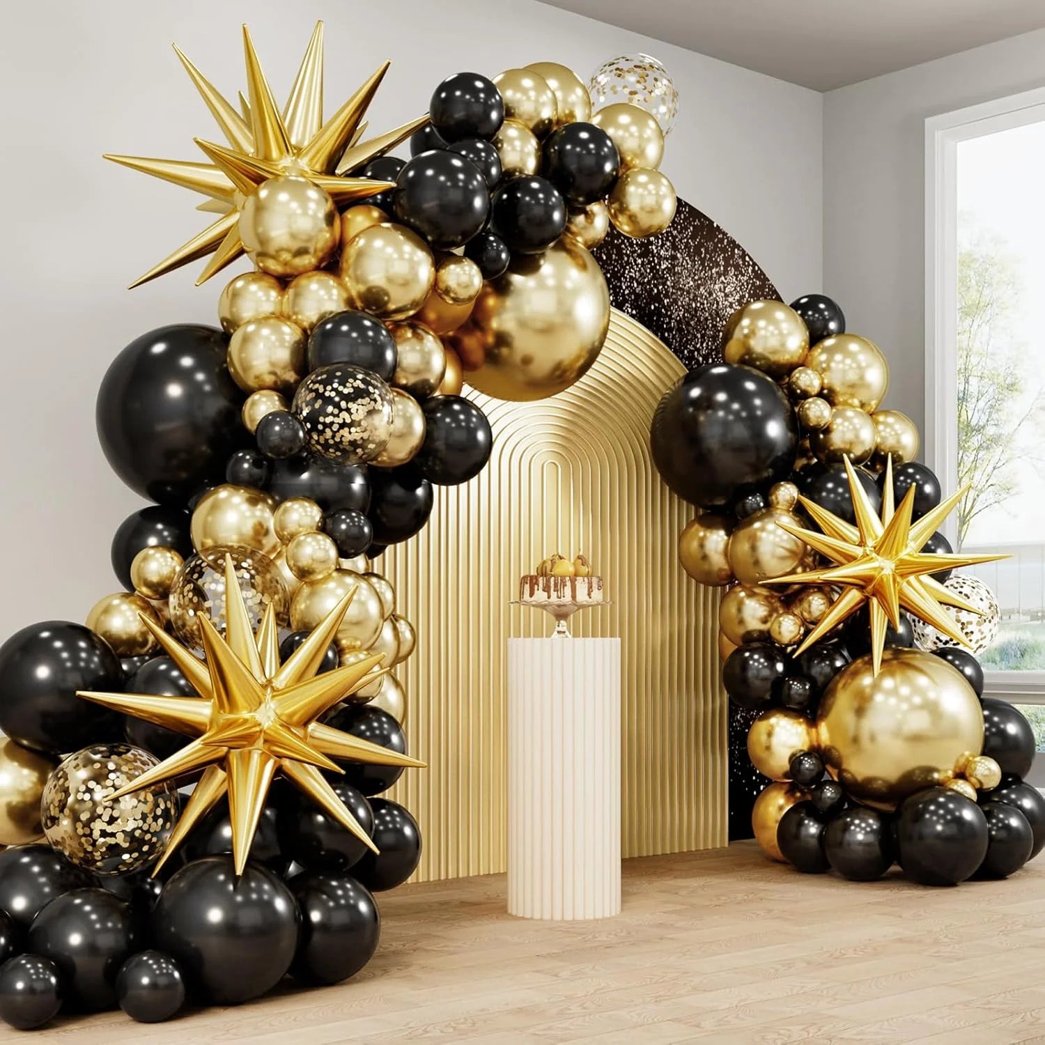 Black and Gold Balloons Garland Arch Kit, 5 10 12 18Inch Black Gold Confetti Latex Balloons for 2025 Graduation New Year Anniversary Birthday Party Decorations