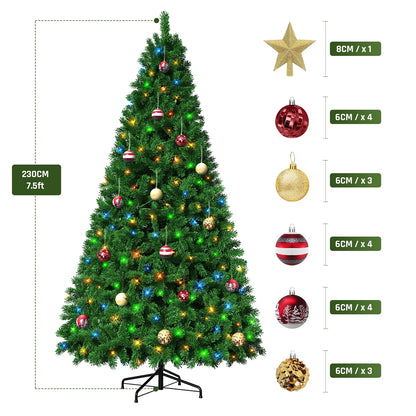 7.5-Foot Pre-Lit Artificial Christmas Tree with 18 Ornaments, Green Holiday Tree for Indoor and Outdoor Decoration